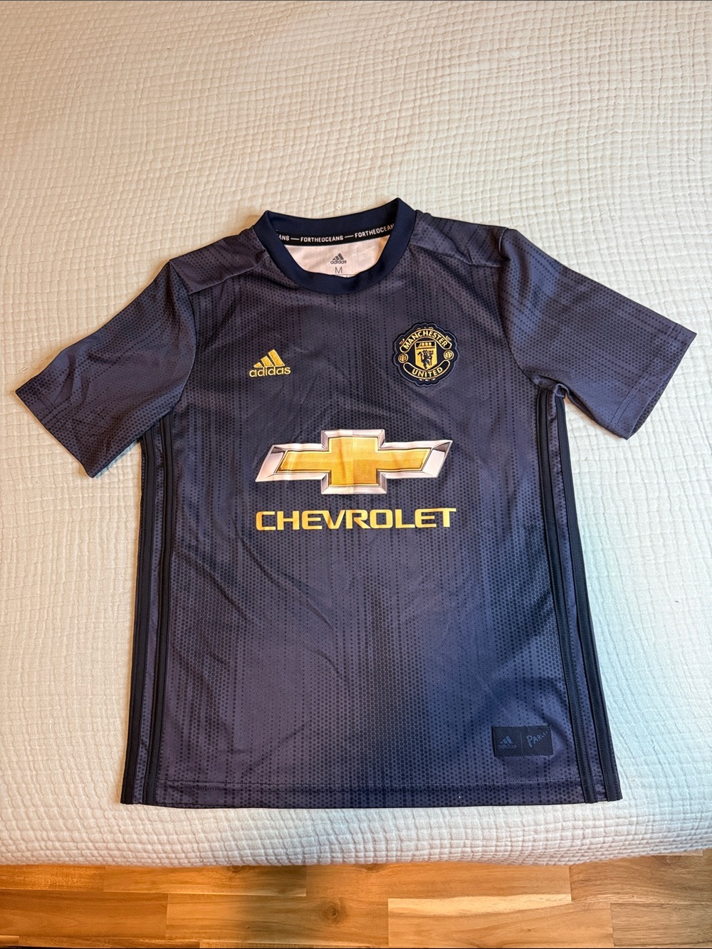 adidas Navy Kids Manchester United Soccer Jersey with Yellow Accents